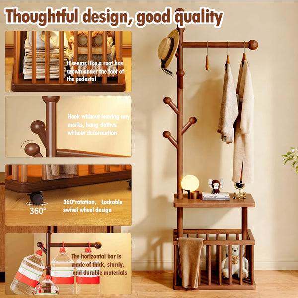 Solid Wood Coat Rack with Storage Baskets and Wheels