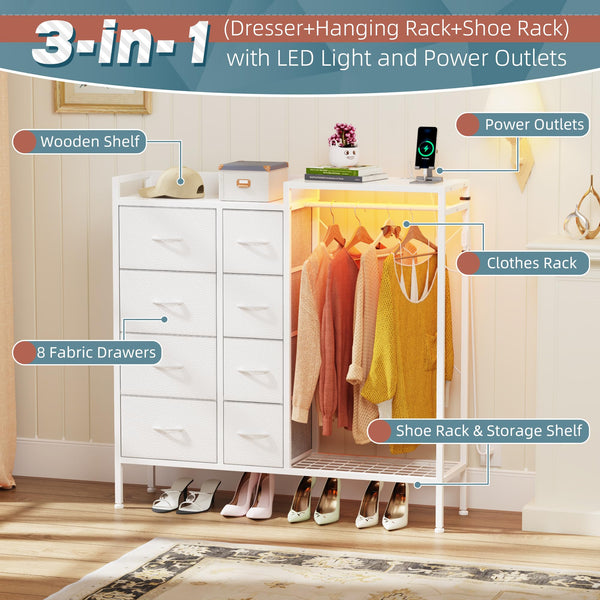 8-Drawer Dresser with Hanging Rack & LED Lights