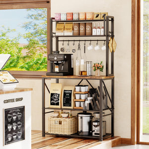 5-Tier Kitchen Baker's Rack with Storage, S-Hooks & Paper Towel Holder – Rustic Brown