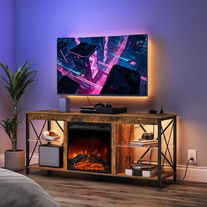 Fireplace TV Stand with Charging Station & LED Lights