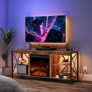 Fireplace TV Stand with Charging Station and LED Lights