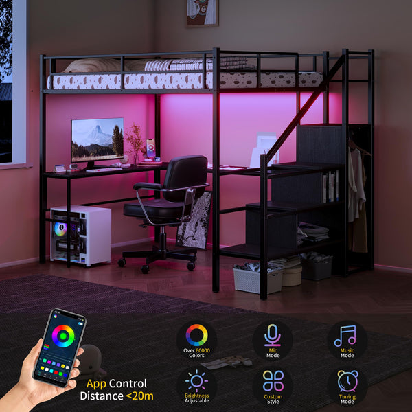 Full Size Metal Loft Bed with Desk, Storage & LED Light