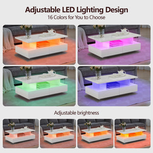 LED Coffee Table with 4 Drawers & Open Shelf – White