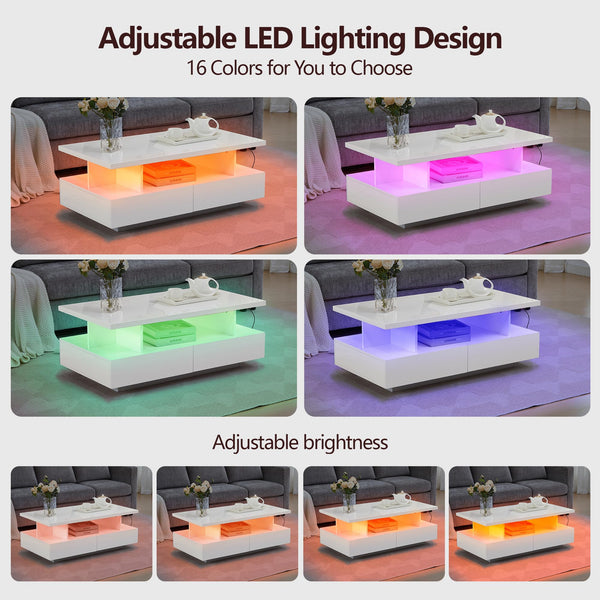 LED Coffee Table with 4 Drawers & Open Shelf – White