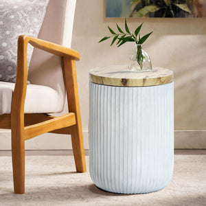 Outdoor Side Table with Storage Cement Patio End Table Wood Lid Accent Table