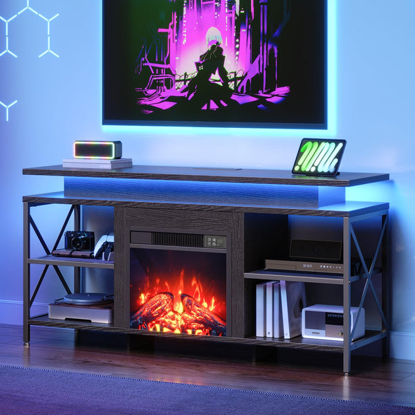 Fireplace TV Stand with LED Lights & Charging Station for TVs up to 65 Inch