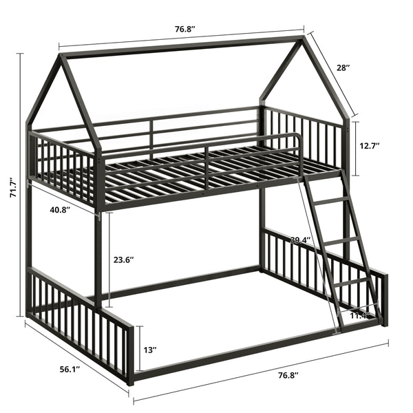 Twin Over Full House Bunk Bed with Ladder & Guardrail