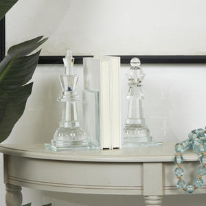 Crystal Chess Bookends Set of 2 – Clear Glossy Glass, 9.55" H