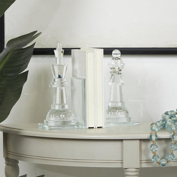 Crystal Chess Bookends Set of 2 – Clear Glossy Glass, 9.55" H