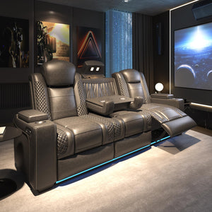 Power Reclining Home Theater Sofa – 3-Seat Leather with USB & Wireless Charging