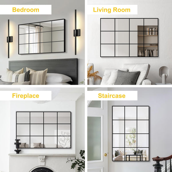 Windowpane Grid Wall Mirror – Black Metal Frame