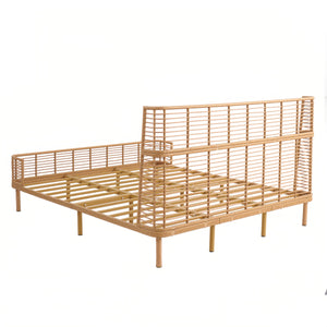 Boho Rattan Platform Bed Frame with Wingback Headboard