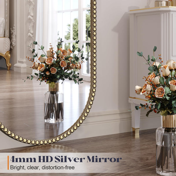 Oval Full Length Wall Mirror with Gold Metal Beaded Frame