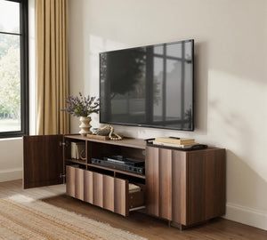 61" Mid-Century Modern TV Stand – Walnut Media Console with Wave Design