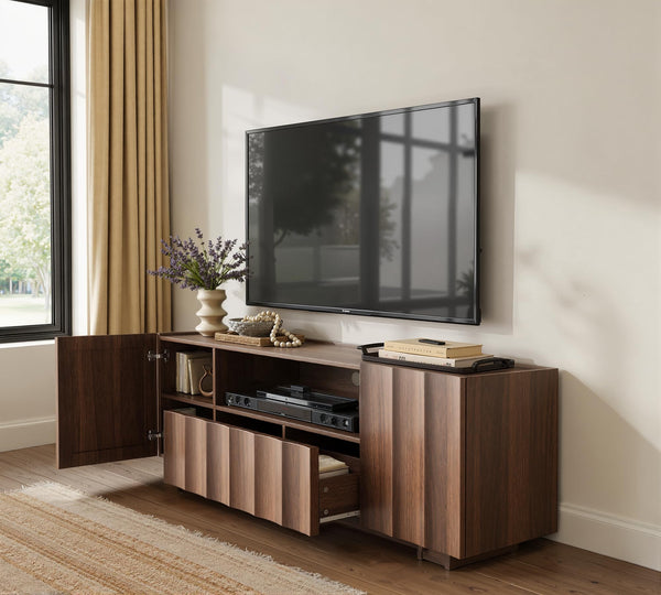 61" Mid-Century Modern TV Stand – Walnut Media Console with Wave Design
