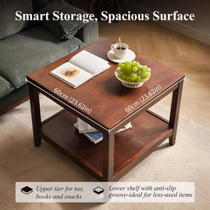 Solid Wood Square Side Table with Storage Shelf
