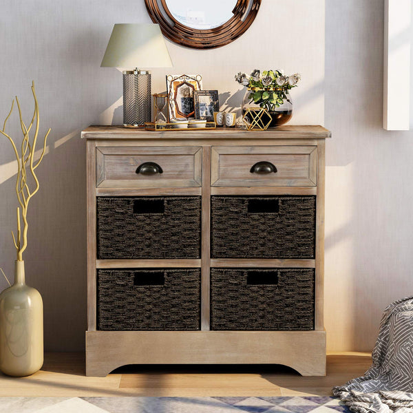 Farmhouse Storage Chest with 2 Drawers & 4 Wicker Baskets