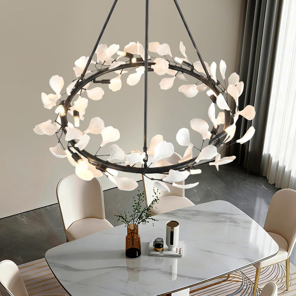 28-Light Ceramic Ginkgo Leaf Branch Chandelier – 35.5" Round Modern Pendant Light