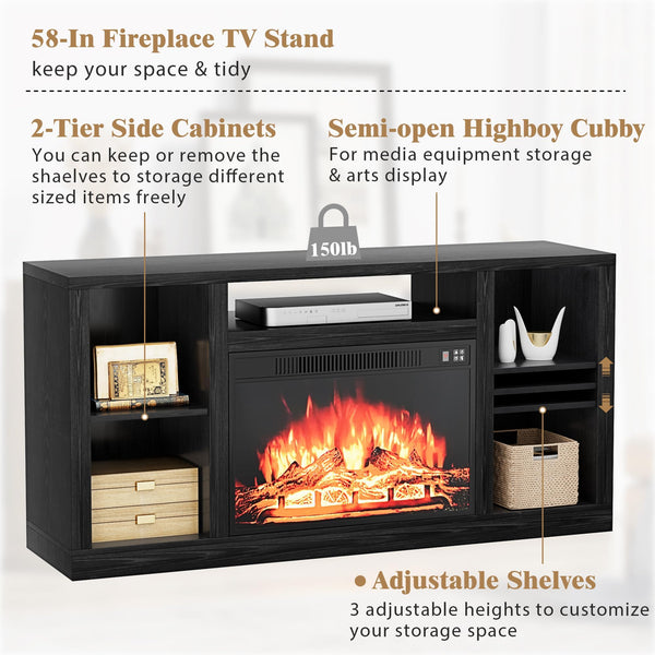 Electric Fireplace TV Stand with Storage, 58 Inch