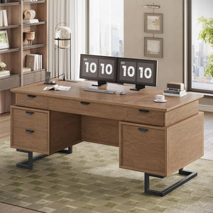 63 Inch Executive Desk with Charging Station, 6 Drawers, File Drawer & Keyboard Tray