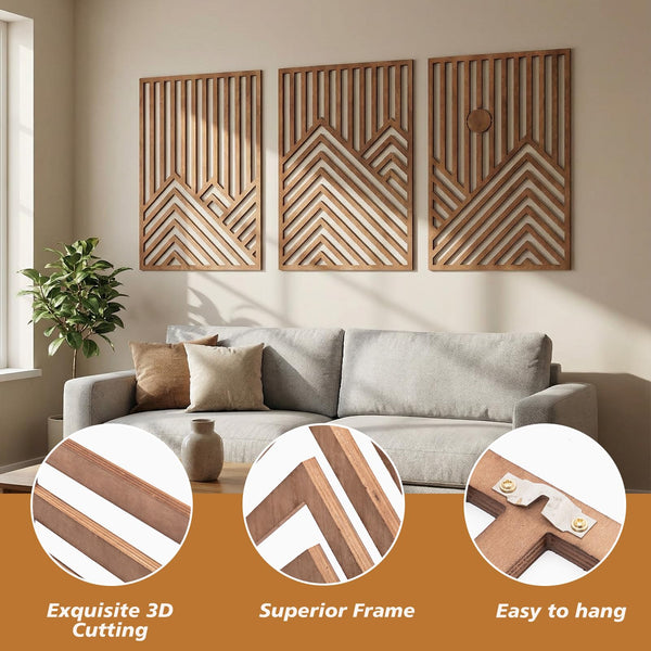 Wood Mountain Wall Sculptures Set of 3 – 36x24 Inch 3D Rustic Sun Art Decor