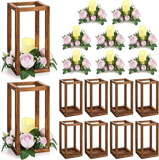Wood Lantern Wedding Centerpiece Set with LED Candles & Eucalyptus Wreaths – 10 Sets