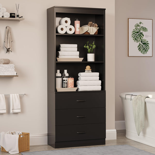 Tall Bookshelf with Drawers & Open Shelves