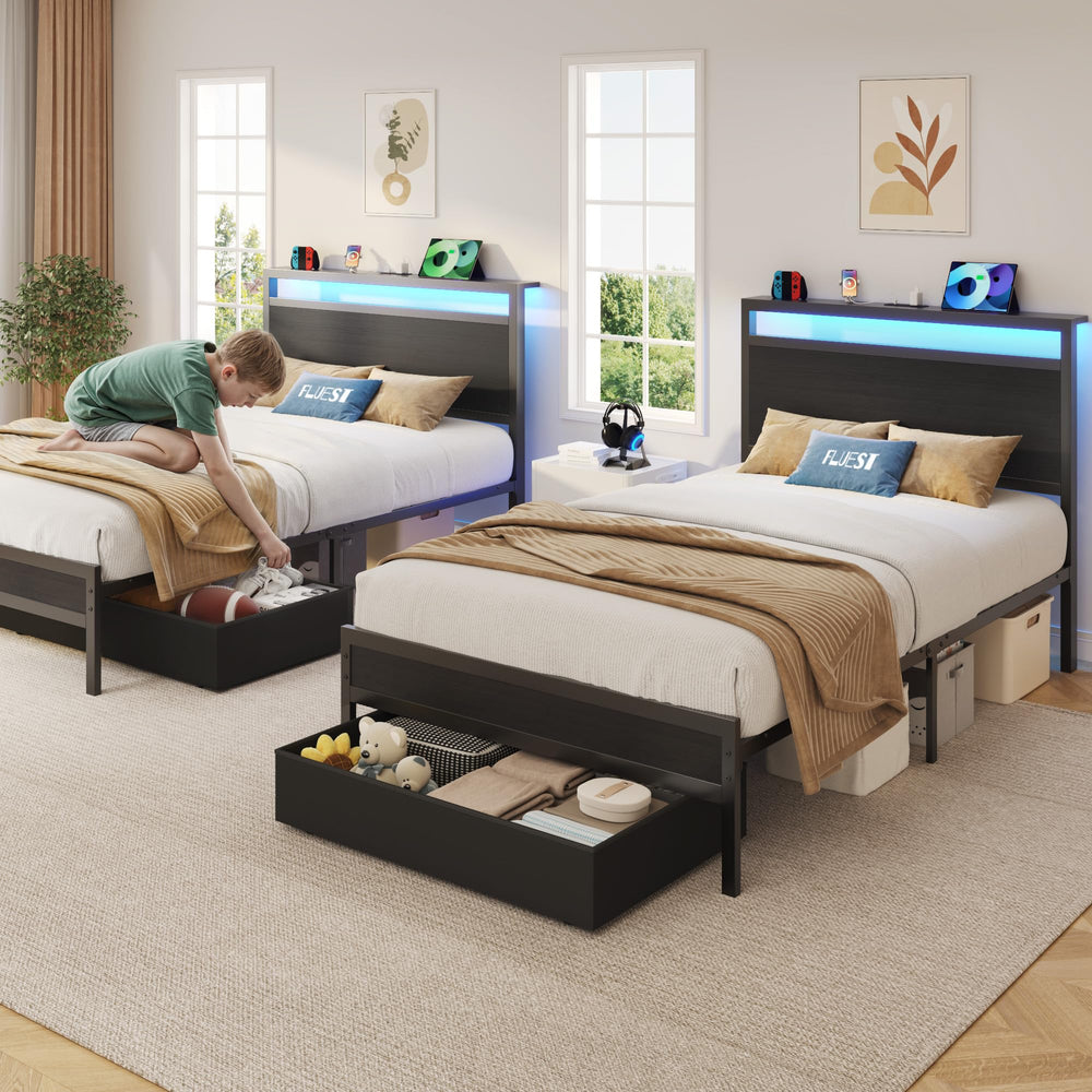 Metal Bed Frame with Storage Headboard, LED Lights & Charging Station