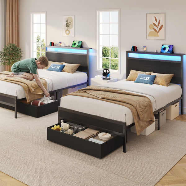 Metal Bed Frame with Storage Headboard, LED Lights & Charging Station