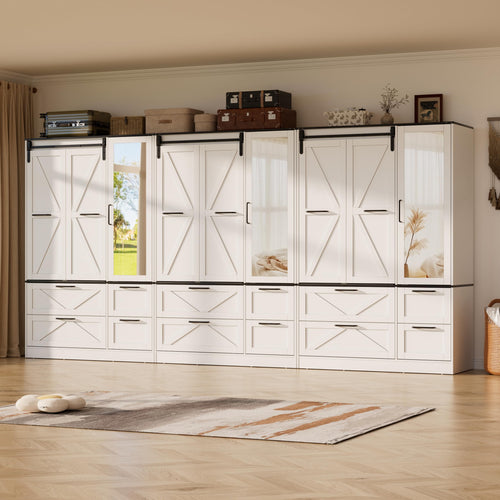 Sliding Barn Door Wardrobe Closet with Mirror & Sensor Lights