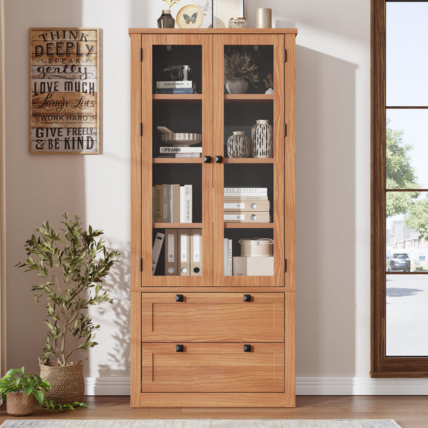 71" Tall Kitchen Pantry Cabinet with Glass Doors & Drawers
