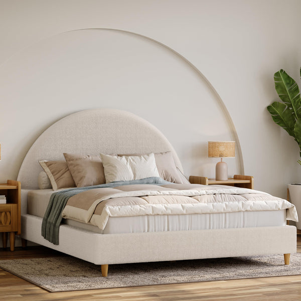 Boucle Platform Bed Frame with Arch Headboard & Wood Legs