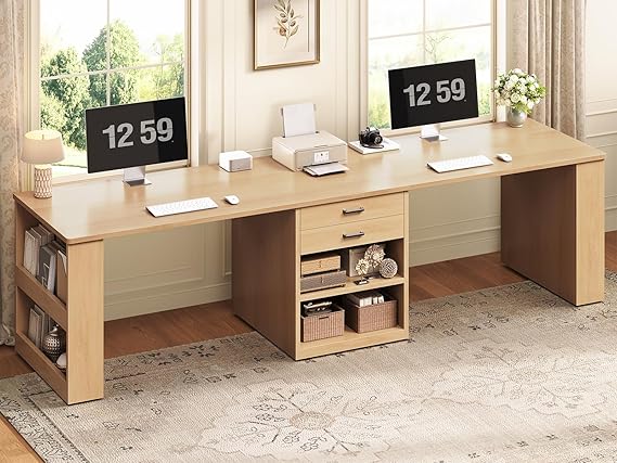 2-Person Computer Desk with Drawers & Storage Shelves, 90.5"