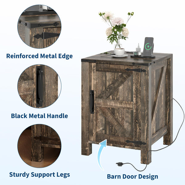 Farmhouse Nightstand with Charging Station & Sliding Barn Door