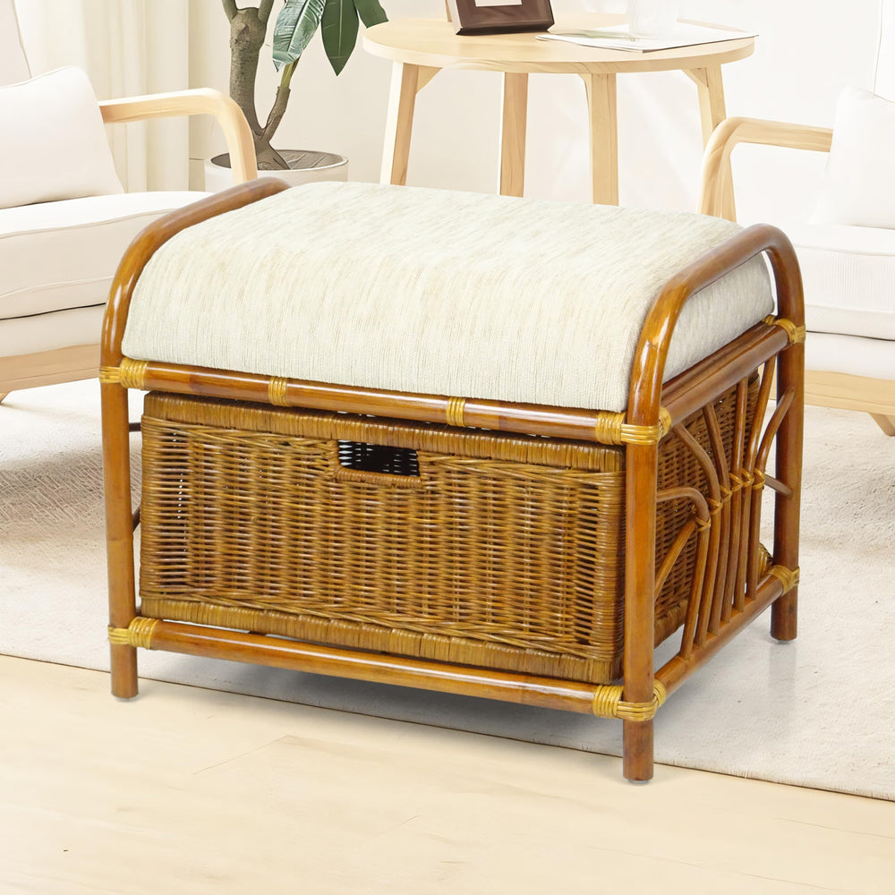 Rattan Wicker Ottoman with Basket and Cushion