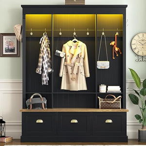 LED Hall Tree with Storage Bench, Shoe Cabinets & Coat Rack