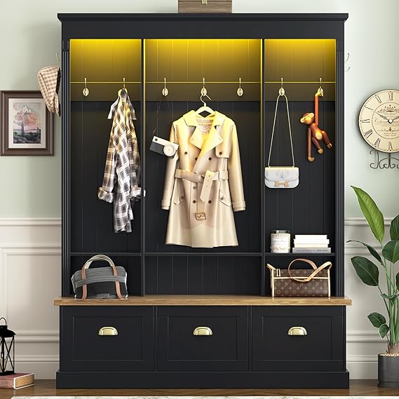 LED Hall Tree with Storage Bench, Shoe Cabinets & Coat Rack