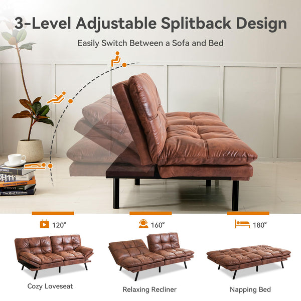 71" Convertible Futon Sofa Bed with Adjustable Backrest & Armrest