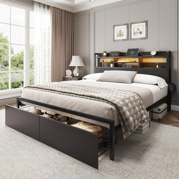 Platform Bed Frame with Storage Drawers, LED Lights & Charging Station