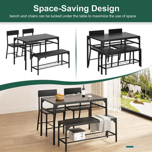 4-Piece Dining Table Set with Bench, 2 Chairs & Storage Rack