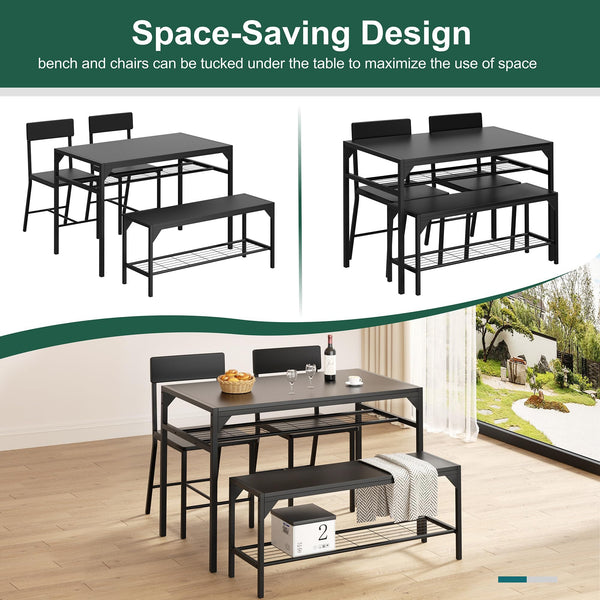 4-Piece Dining Table Set with Bench, 2 Chairs & Storage Rack
