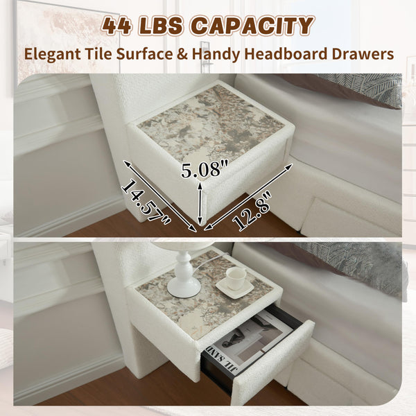 Upholstered Platform Bed Frame with Storage Drawers & Built-In Nightstands
