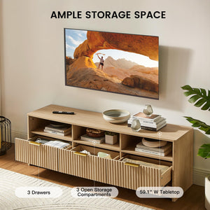 59" Fluted TV Stand with Storage Drawers – Natural Oak