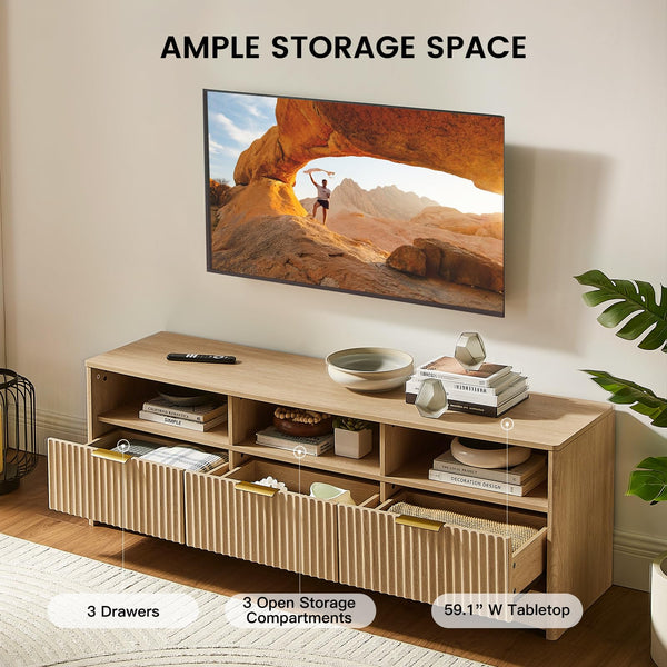 59" Fluted TV Stand with Storage Drawers – Natural Oak
