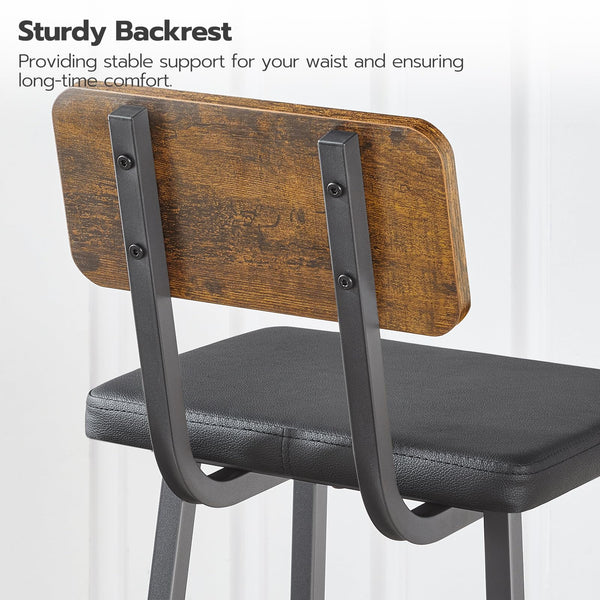 Bar Stools Set of 2 – PU Upholstered with Backrest & Footrest, Rustic Brown & Black