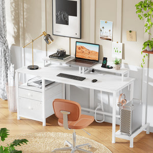47" Computer Desk with File Cabinet, Power Outlets & Monitor Stands