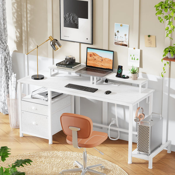 47" Computer Desk with File Cabinet, Power Outlets & Monitor Stands
