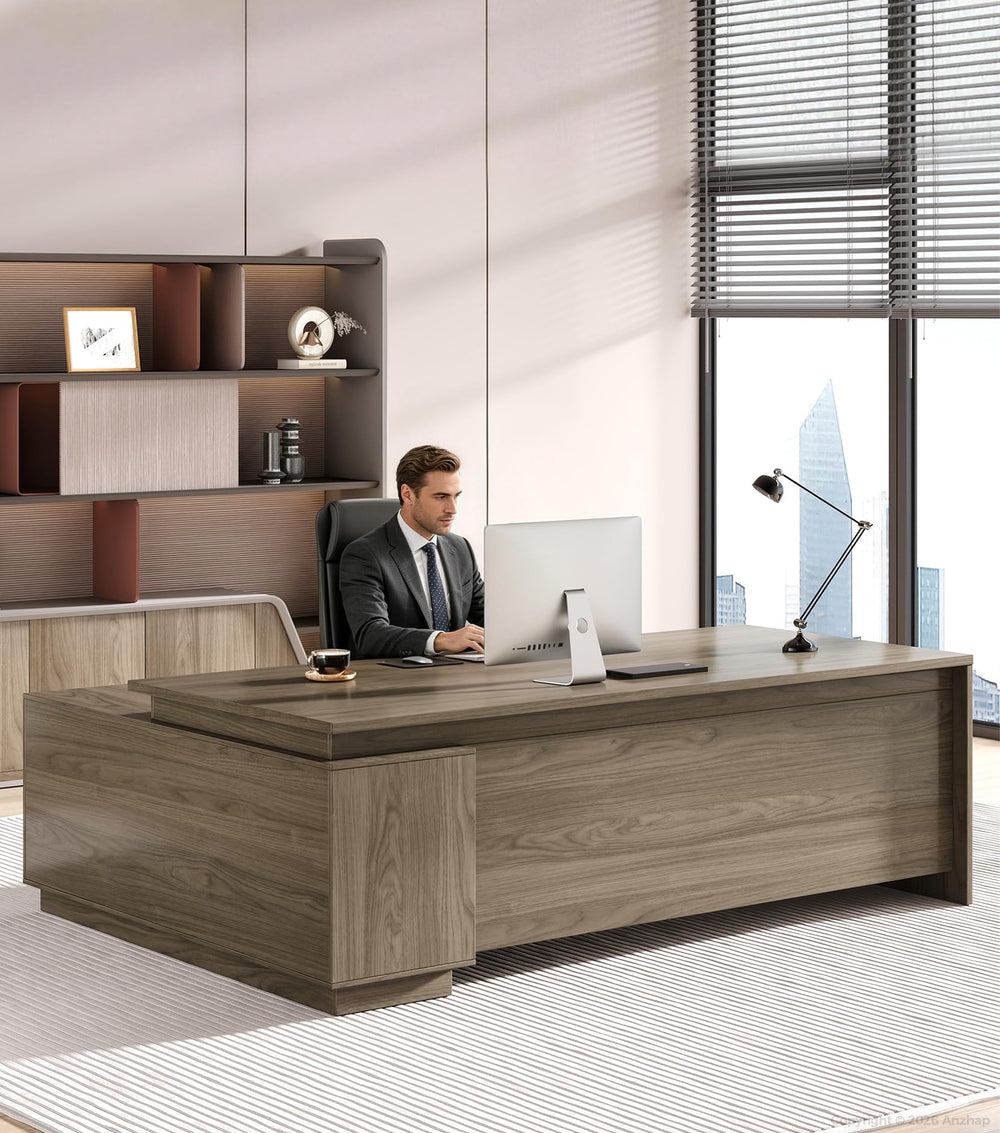 L-Shaped Executive Desk with Power Outlets & Storage