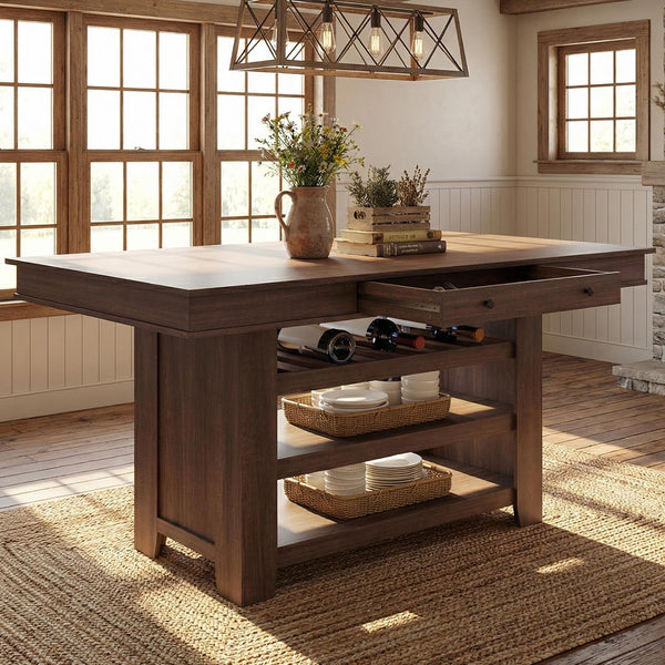 Counter Height Dining Table with Wine Rack & Storage Drawers