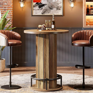 Round Farmhouse Bar Table with Wood Fence Base & Metal Footrest